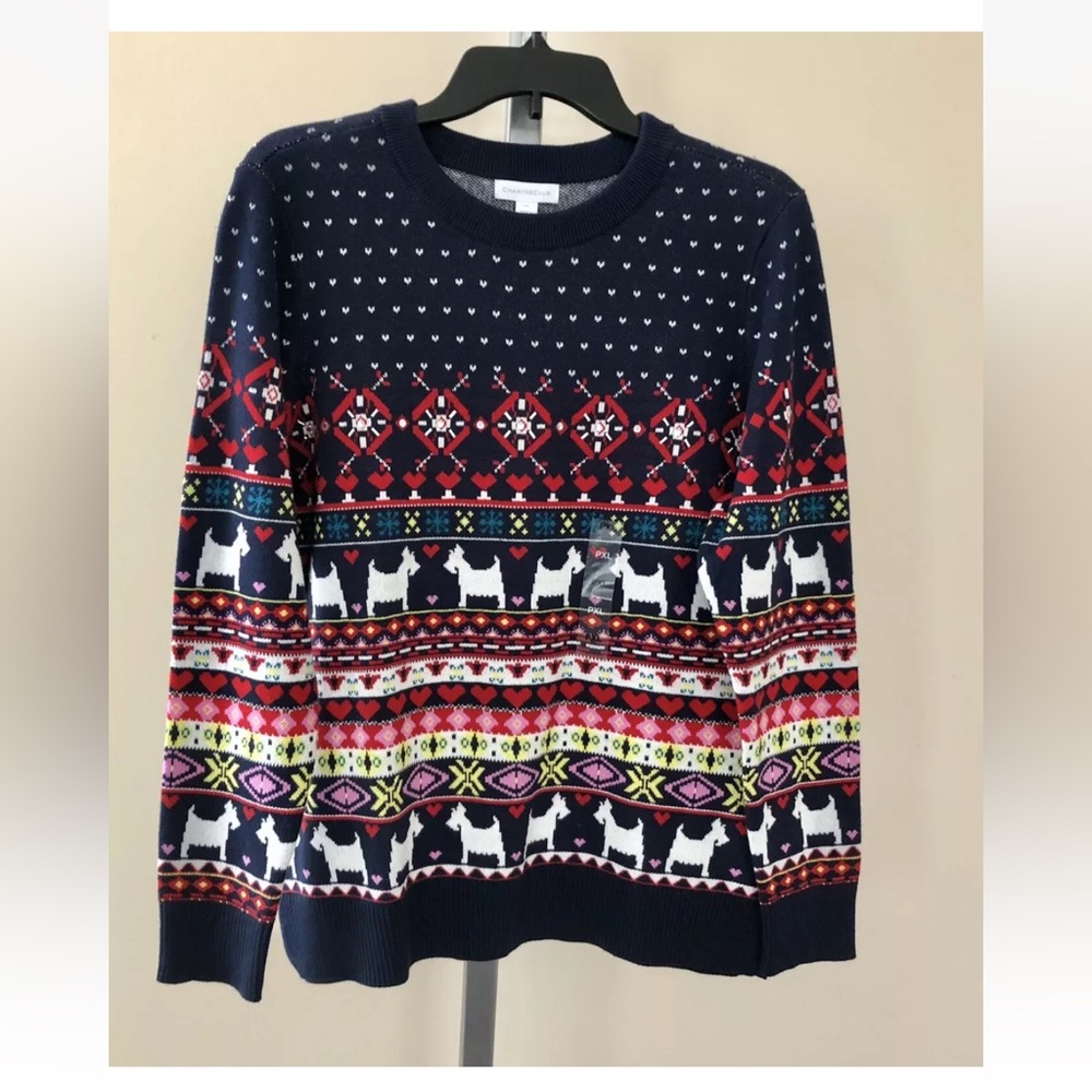 CHARTER CLUB SWEATER WOMEN'S PXL KNIT CREW NECK MULTICOLOR DOG/HEART DESIGNps2
